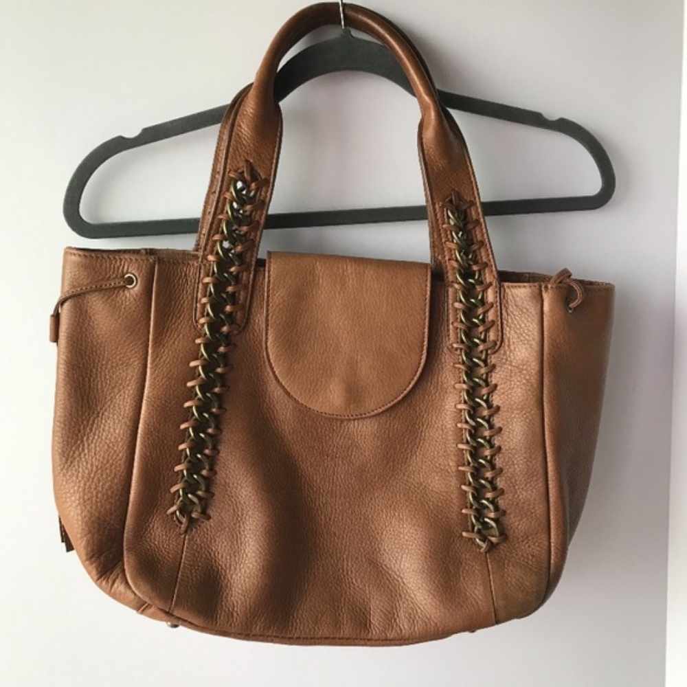 NAN | Cognac Brown Metal Chain Hobo Faux Leather Neutral Minimalist Shoulder Bag